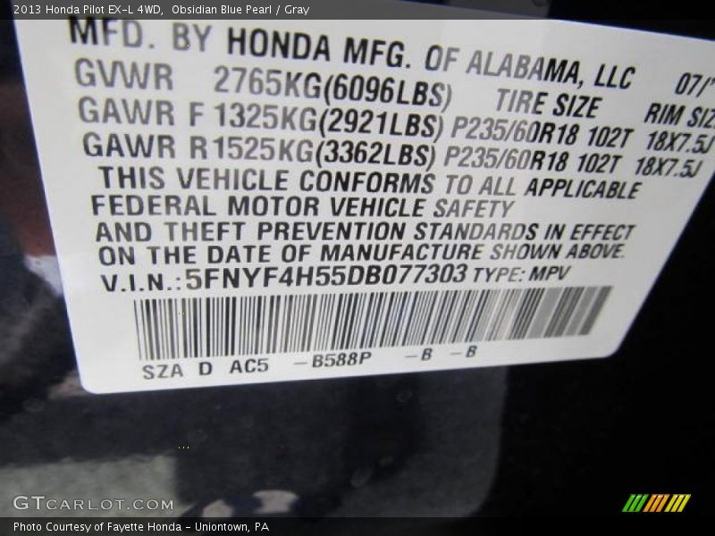 Obsidian Blue Pearl / Gray 2013 Honda Pilot EX-L 4WD