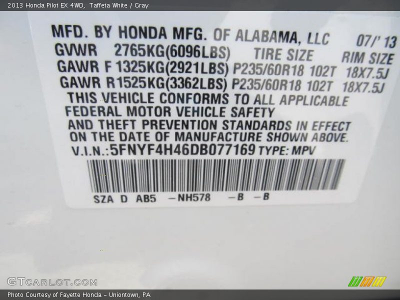 Taffeta White / Gray 2013 Honda Pilot EX 4WD