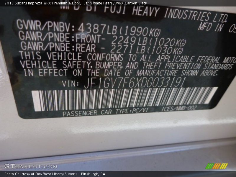 Satin White Pearl / WRX Carbon Black 2013 Subaru Impreza WRX Premium 4 Door