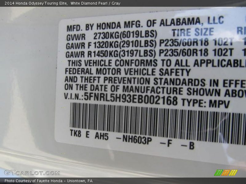 2014 Odyssey Touring Elite White Diamond Pearl Color Code NH603P