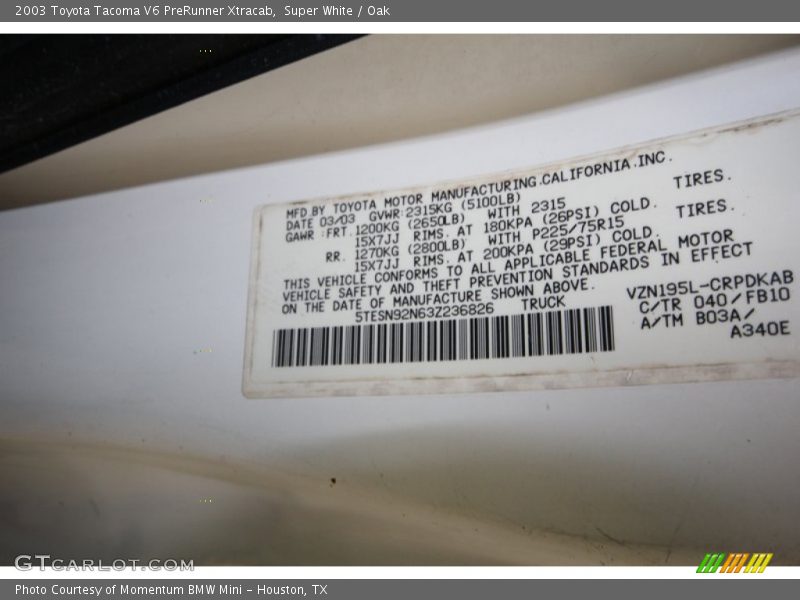 Super White / Oak 2003 Toyota Tacoma V6 PreRunner Xtracab