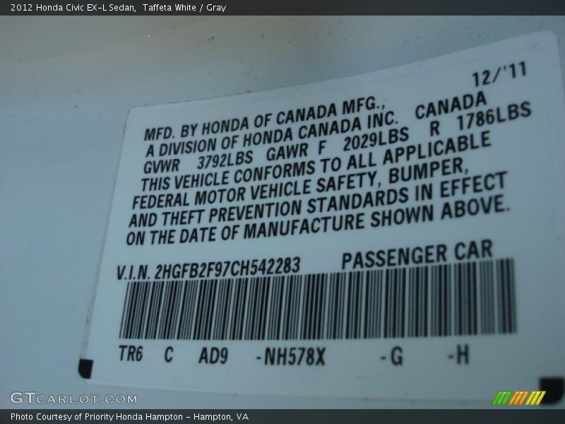 Taffeta White / Gray 2012 Honda Civic EX-L Sedan