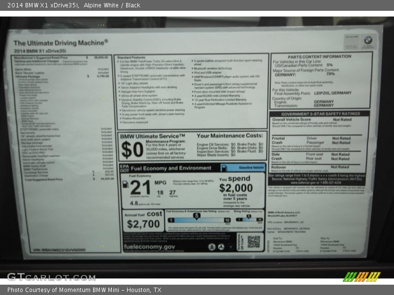  2014 X1 xDrive35i Window Sticker