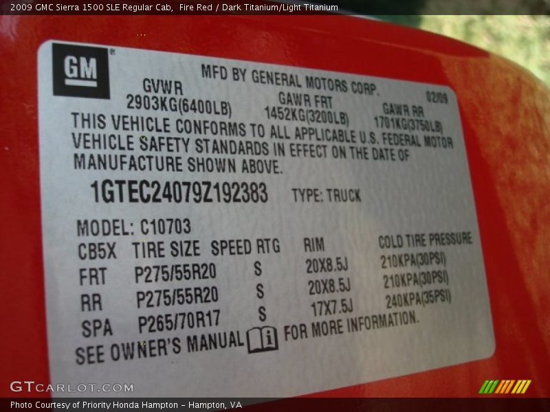Info Tag of 2009 Sierra 1500 SLE Regular Cab