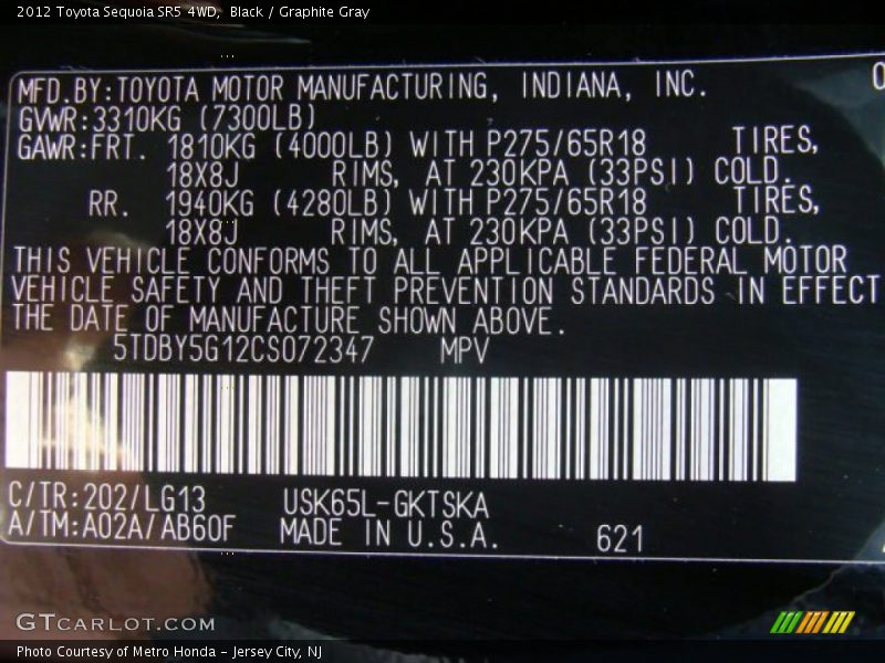Black / Graphite Gray 2012 Toyota Sequoia SR5 4WD