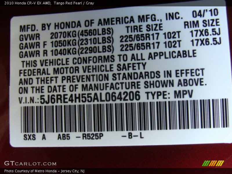 Tango Red Pearl / Gray 2010 Honda CR-V EX AWD