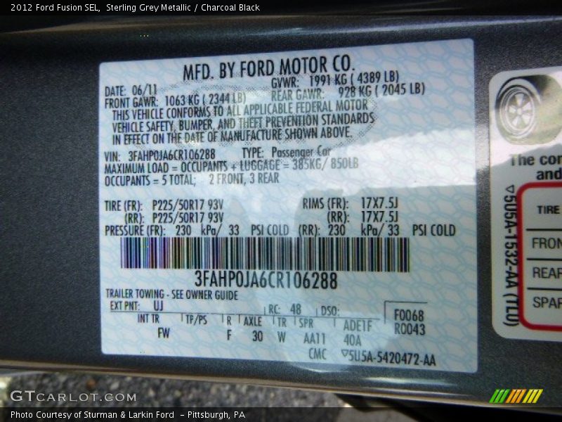 Sterling Grey Metallic / Charcoal Black 2012 Ford Fusion SEL