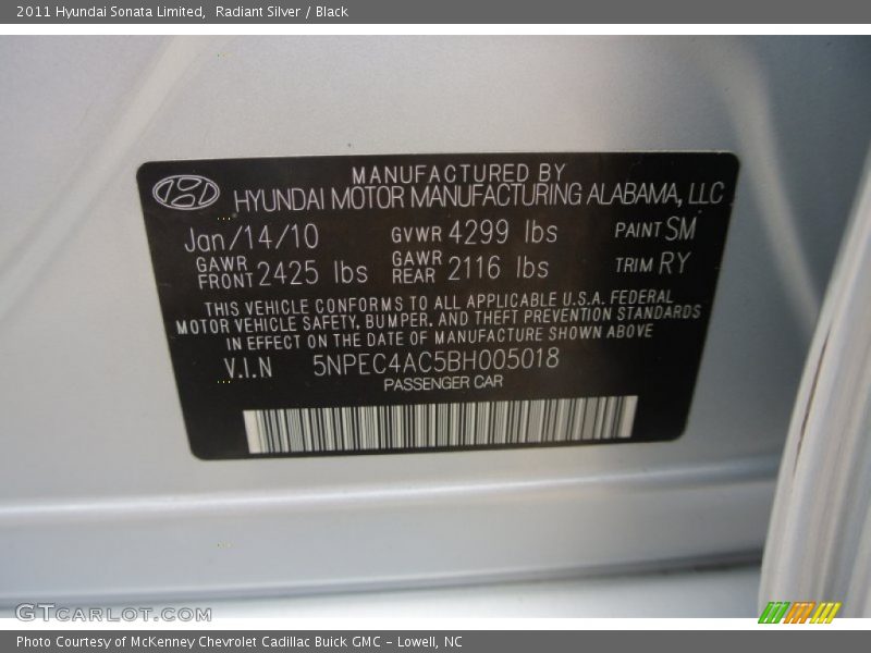 Radiant Silver / Black 2011 Hyundai Sonata Limited