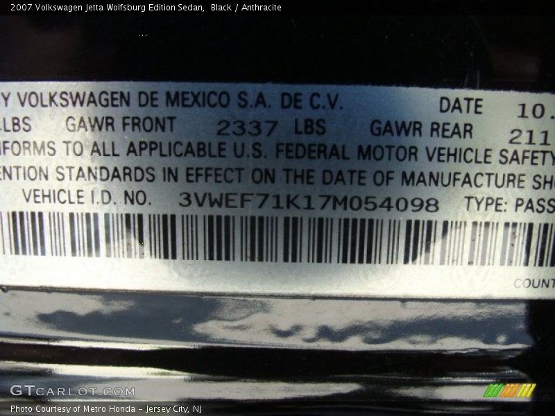 Black / Anthracite 2007 Volkswagen Jetta Wolfsburg Edition Sedan