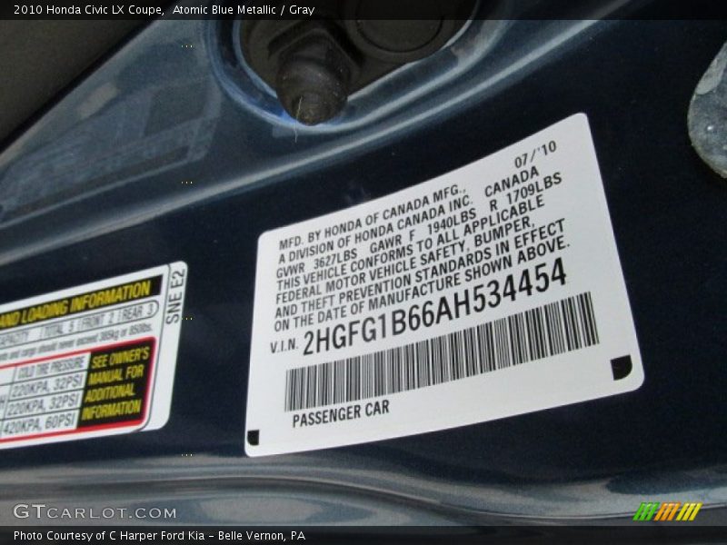 Atomic Blue Metallic / Gray 2010 Honda Civic LX Coupe