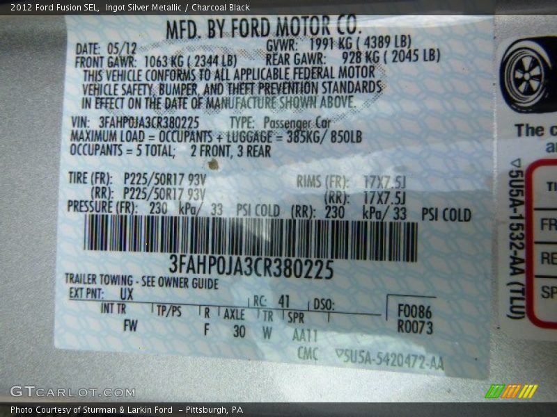 Ingot Silver Metallic / Charcoal Black 2012 Ford Fusion SEL