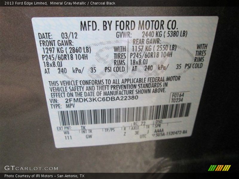 Mineral Gray Metallic / Charcoal Black 2013 Ford Edge Limited