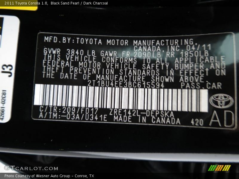Black Sand Pearl / Dark Charcoal 2011 Toyota Corolla 1.8