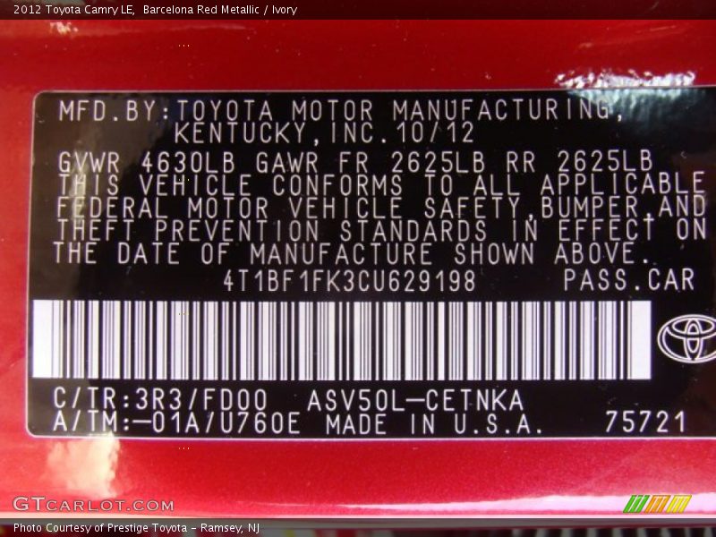 Barcelona Red Metallic / Ivory 2012 Toyota Camry LE