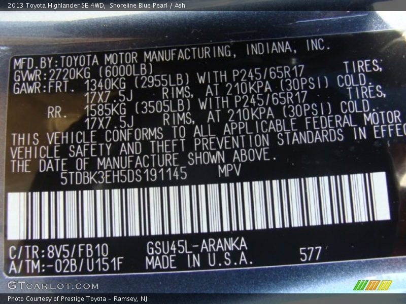 2013 Highlander SE 4WD Shoreline Blue Pearl Color Code 8V5