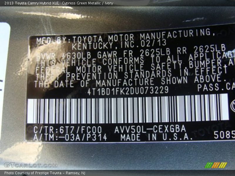 2013 Camry Hybrid XLE Cypress Green Metallic Color Code 6T7