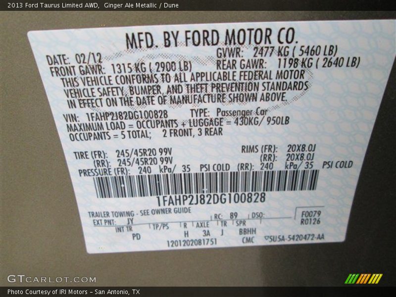 2013 Taurus Limited AWD Ginger Ale Metallic Color Code JY