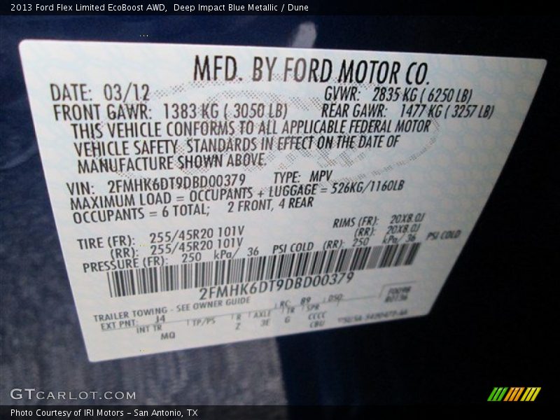 2013 Flex Limited EcoBoost AWD Deep Impact Blue Metallic Color Code J4