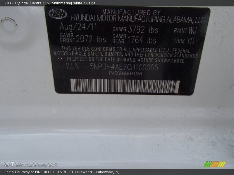 Shimmering White / Beige 2012 Hyundai Elantra GLS