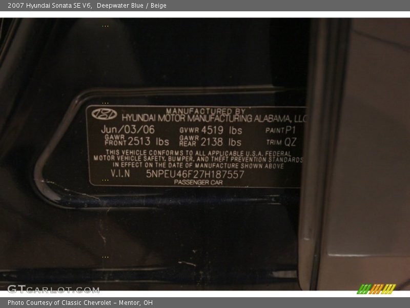 Deepwater Blue / Beige 2007 Hyundai Sonata SE V6
