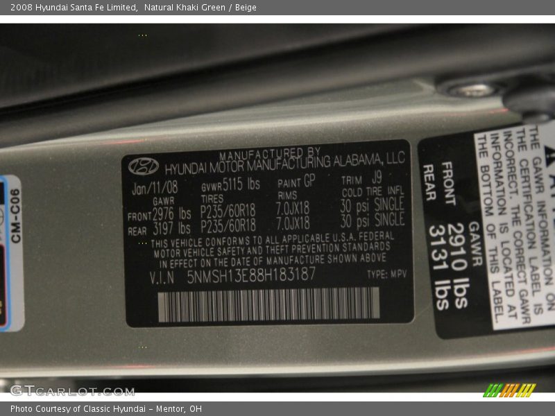 Natural Khaki Green / Beige 2008 Hyundai Santa Fe Limited