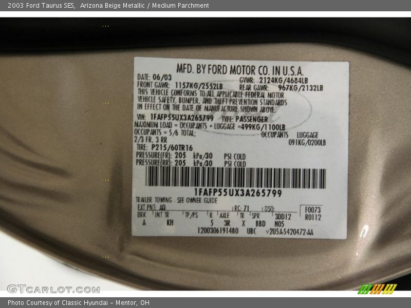 2003 Taurus SES Arizona Beige Metallic Color Code AQ