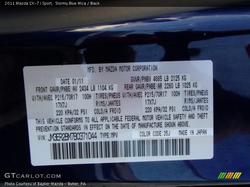 2011 CX-7 i Sport Stormy Blue Mica Color Code 35J