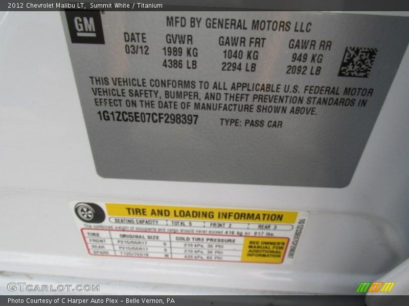 Summit White / Titanium 2012 Chevrolet Malibu LT