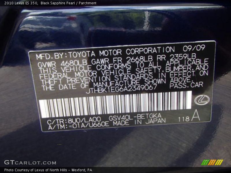 Black Sapphire Pearl / Parchment 2010 Lexus ES 350