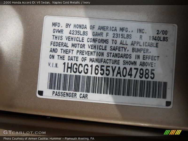 Naples Gold Metallic / Ivory 2000 Honda Accord EX V6 Sedan