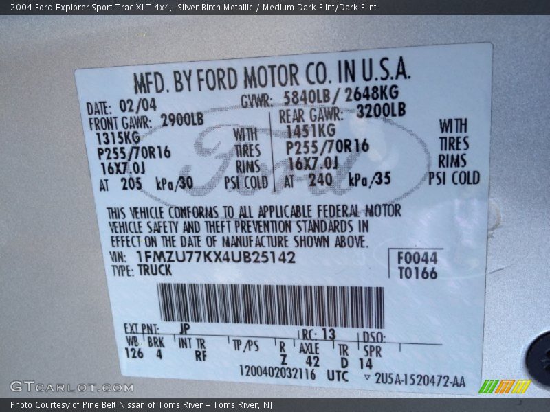 2004 Explorer Sport Trac XLT 4x4 Silver Birch Metallic Color Code JP