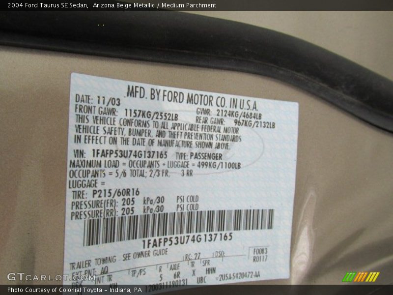 2004 Taurus SE Sedan Arizona Beige Metallic Color Code AQ