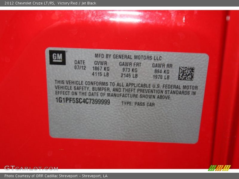 Victory Red / Jet Black 2012 Chevrolet Cruze LT/RS