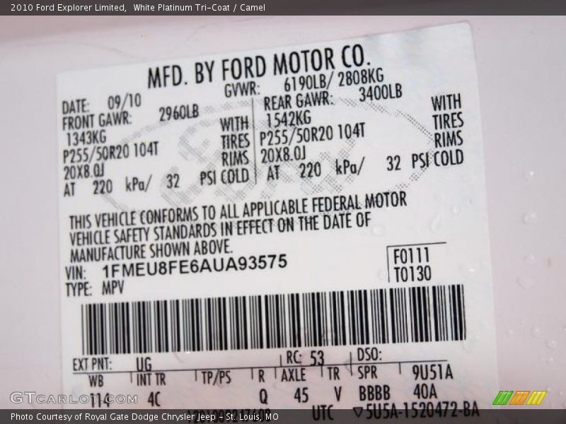 2010 Explorer Limited White Platinum Tri-Coat Color Code UG