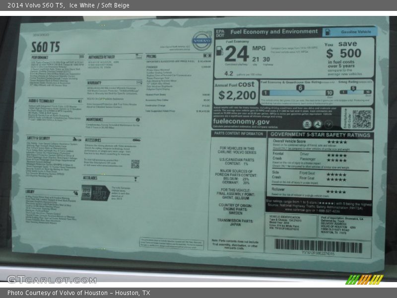  2014 S60 T5 Window Sticker