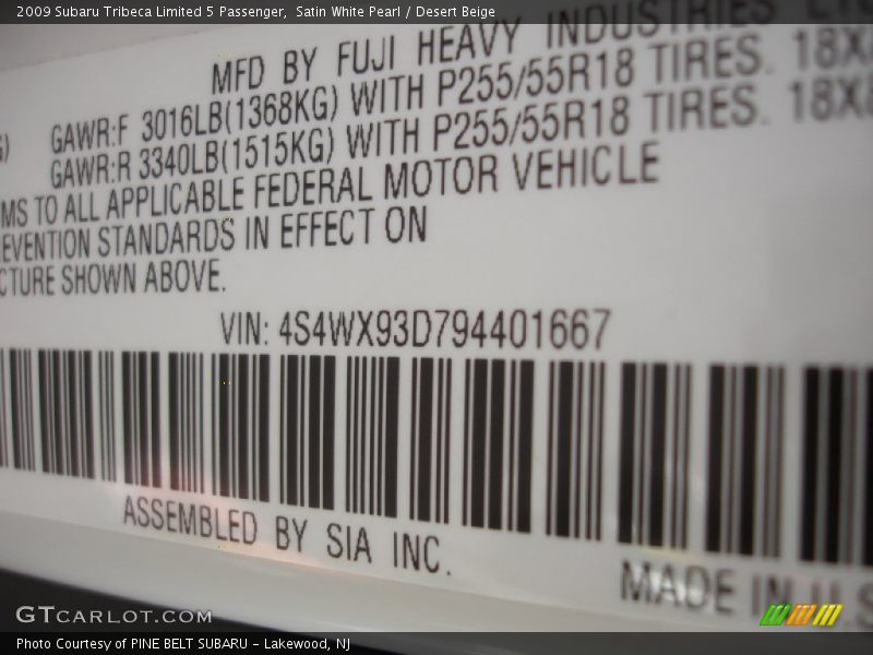 Satin White Pearl / Desert Beige 2009 Subaru Tribeca Limited 5 Passenger