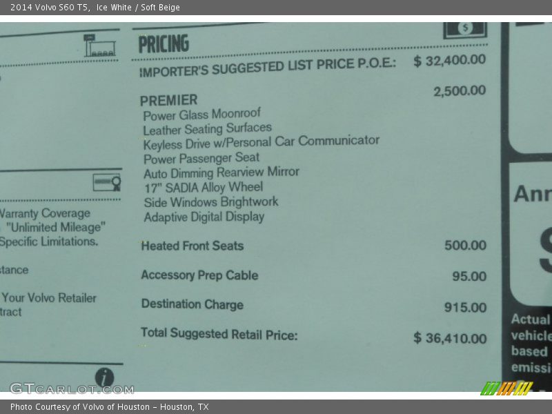  2014 S60 T5 Window Sticker