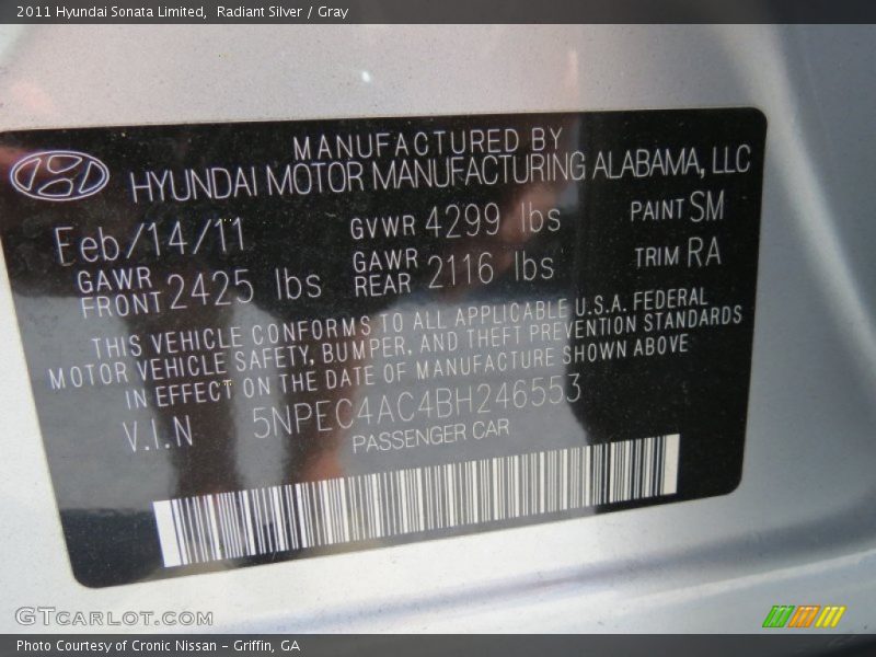 Radiant Silver / Gray 2011 Hyundai Sonata Limited