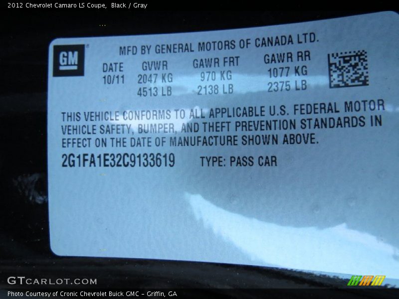 Black / Gray 2012 Chevrolet Camaro LS Coupe