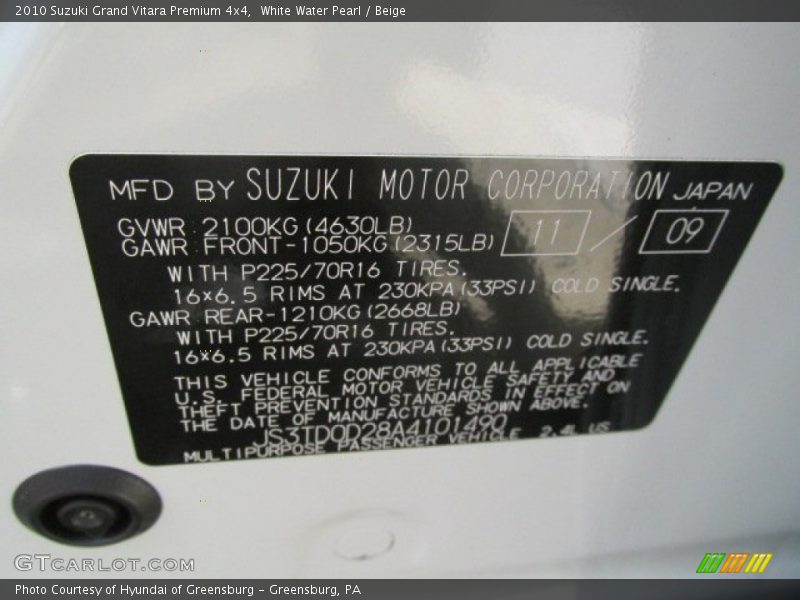 White Water Pearl / Beige 2010 Suzuki Grand Vitara Premium 4x4