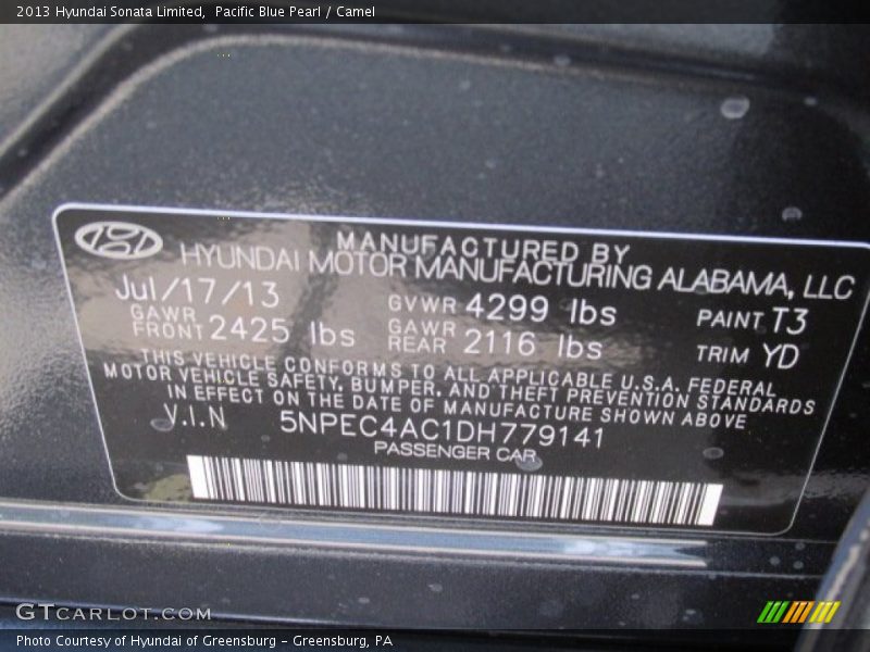 Pacific Blue Pearl / Camel 2013 Hyundai Sonata Limited