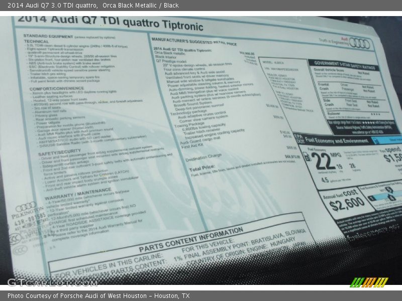  2014 Q7 3.0 TDI quattro Window Sticker