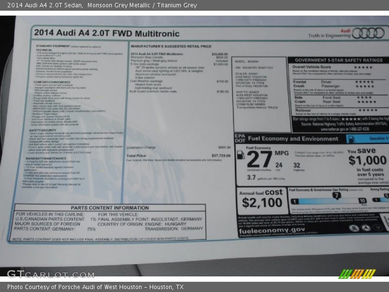  2014 A4 2.0T Sedan Window Sticker