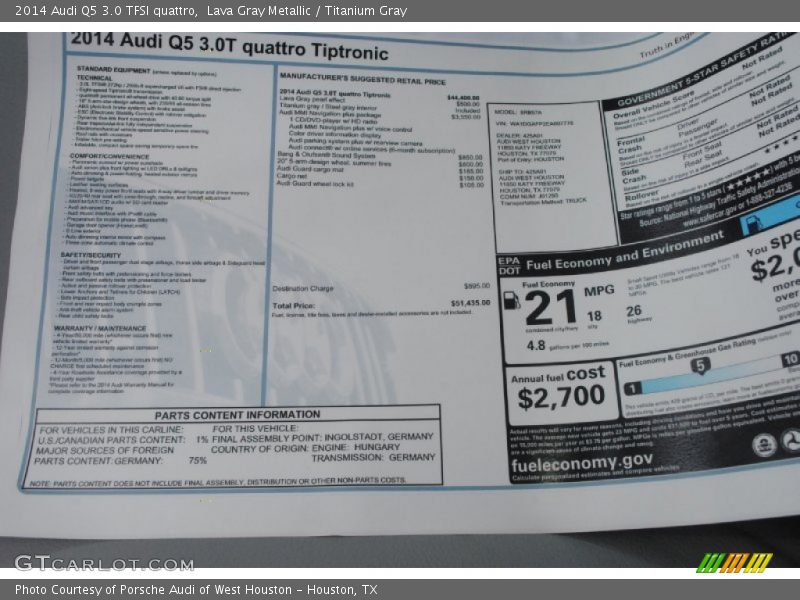  2014 Q5 3.0 TFSI quattro Window Sticker