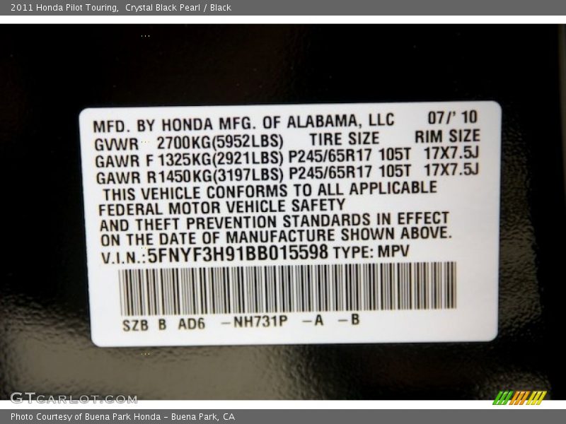 Crystal Black Pearl / Black 2011 Honda Pilot Touring