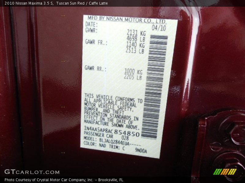 Tuscan Sun Red / Caffe Latte 2010 Nissan Maxima 3.5 S