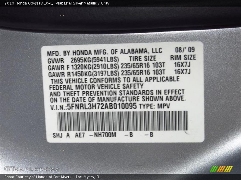 Alabaster Silver Metallic / Gray 2010 Honda Odyssey EX-L