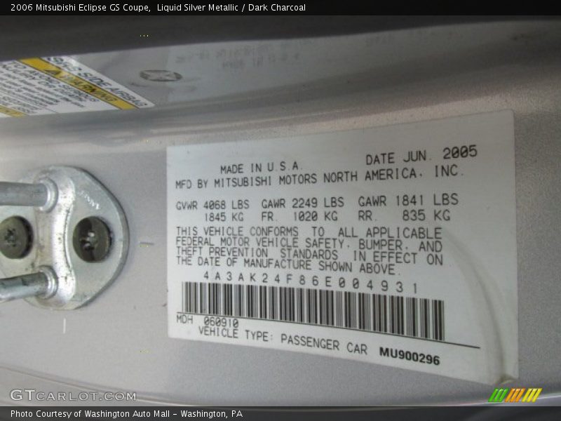 Liquid Silver Metallic / Dark Charcoal 2006 Mitsubishi Eclipse GS Coupe