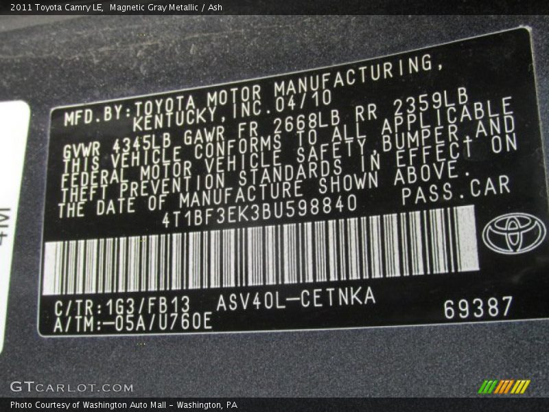 Magnetic Gray Metallic / Ash 2011 Toyota Camry LE