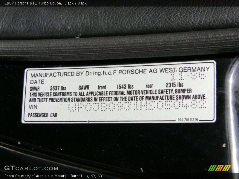 Info Tag of 1987 911 Turbo Coupe